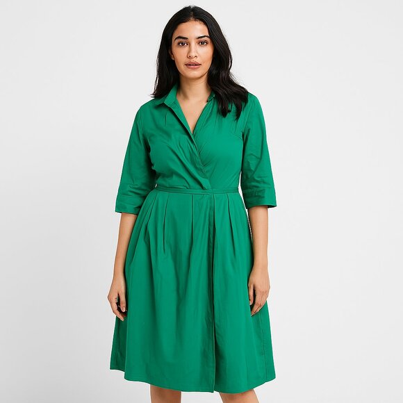 eShakti Green Long Sleeve Wrap Dress - Picture 1 of 4